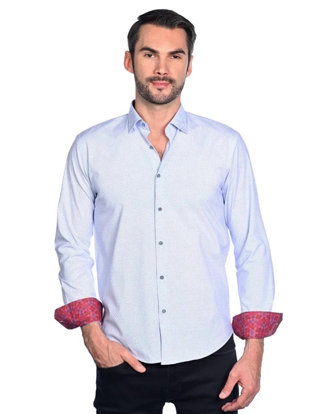 Mizumi White With Blue And Red Dot Print Long Sleeve Button Up/4334
